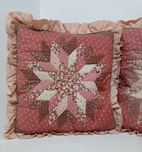 Vtg Patchwork Lone Star Quilted Pillow 17" Set of 2 Pink Brown Ruffle Primitive - Picture 7 of 11