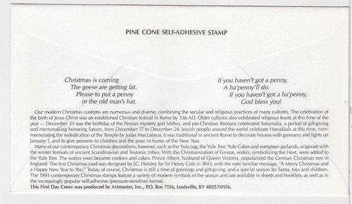 TurtlesTradingPost- Pine Cone Self Adhesive 1993 #2491 FDC- Artmaster Cachet - Picture 2 of 2