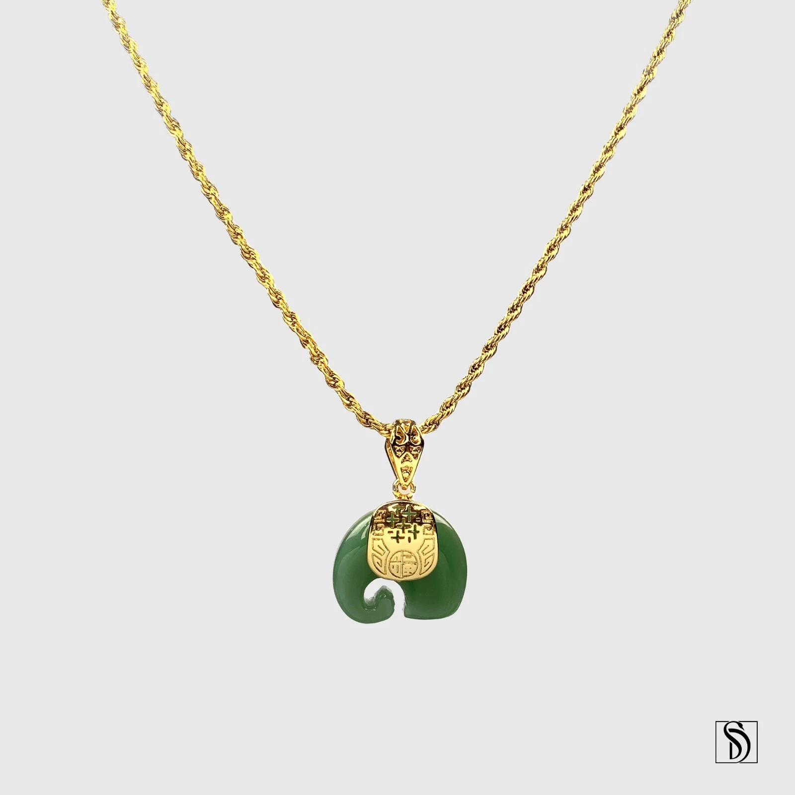 Pendentif éléphant de jade vert or 18 carats en acier inoxydable chaîne collier bijoux
