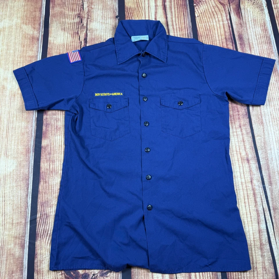 Vintage Boy Scouts Shirt Youth XL Blue America Uniform USA Button Outdoors Flag - Image 2 of 4