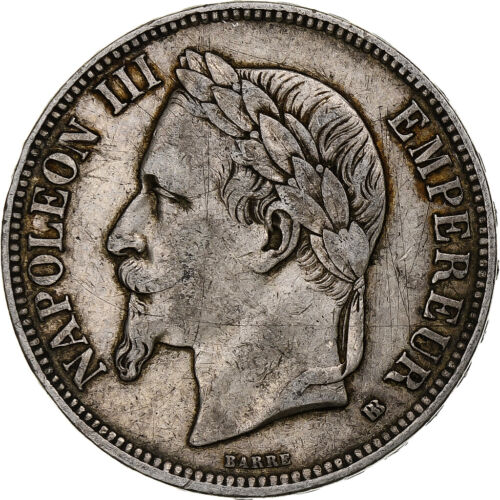 [#375564] Moneta, Francja, Napoleon III, 5 franków, 1869, Strasburg, S+, sylaba - Zdjęcie 1 z 2