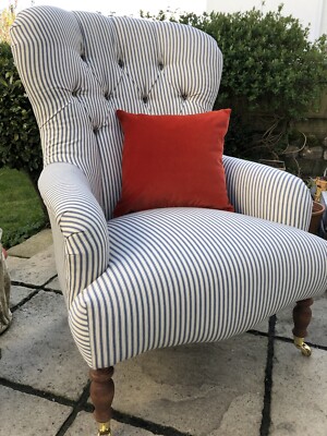 Stunning Chair Button Back In Navy Stripe Canvas Ticking UK