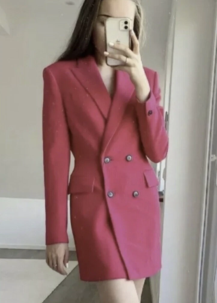 ZARA Fuchsia Double Breasted Tailored Coat XS S M L Bright Pink