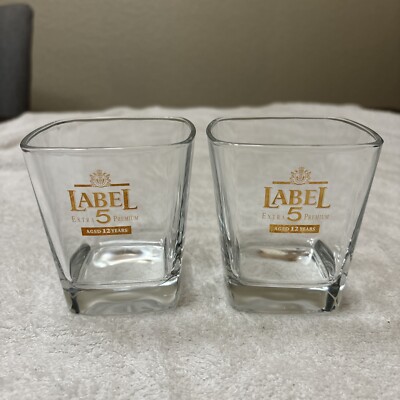 (2) Label 5 Extra Premium Scotch Whiskey Rocks Glasses Square Shape Gold Foil