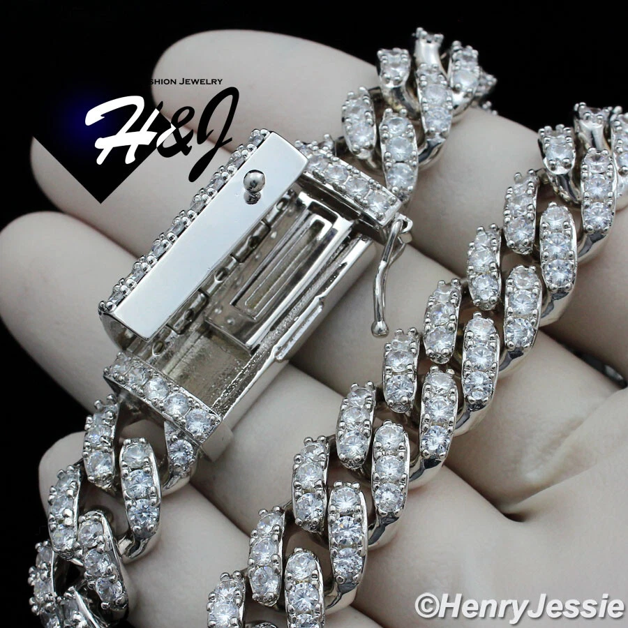 COLLAR MIAMI CUBAN BORDILLO 18-24" CHAPADO EN ORO BLANCO 14K ICY BLING CZ 12MM*BN5 Foto 3 de 4