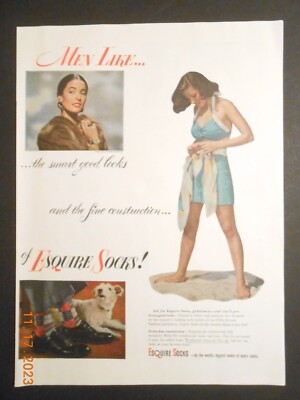 1948 Esquire Socks ad Sexy model in bikini with Terrier dog A&P Coffee Spode ad