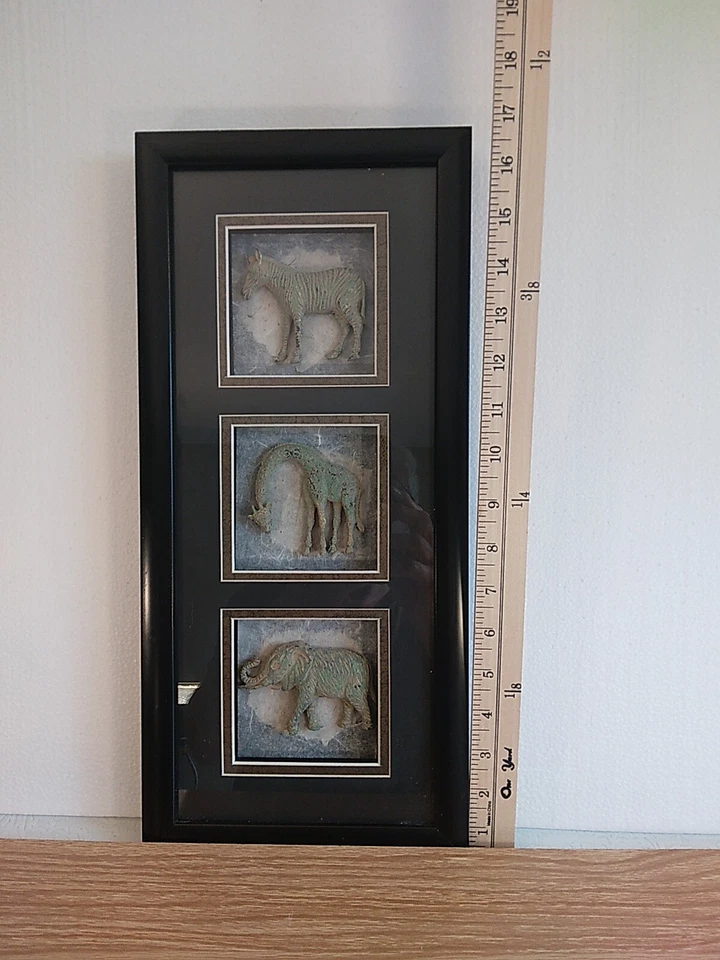 Animales de safari colgante de pared enmarcado Art Deco 17" X 8" elefante, jirafa y cebra Foto 3 de 4