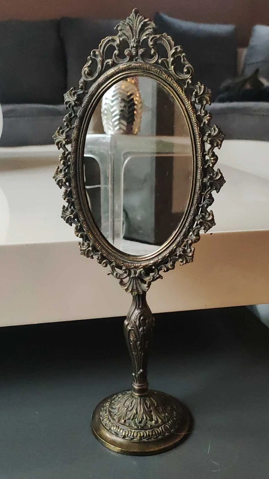 Miroir Coiffeuse Ovale Psyché. Rocaille/Baroque. En Métal Aspect Bronze 34x13 cm - Photo 2/4