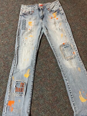 Request Blue Jeans 31 Painted Distressed Faded Flared Stretch Stitched Grunge