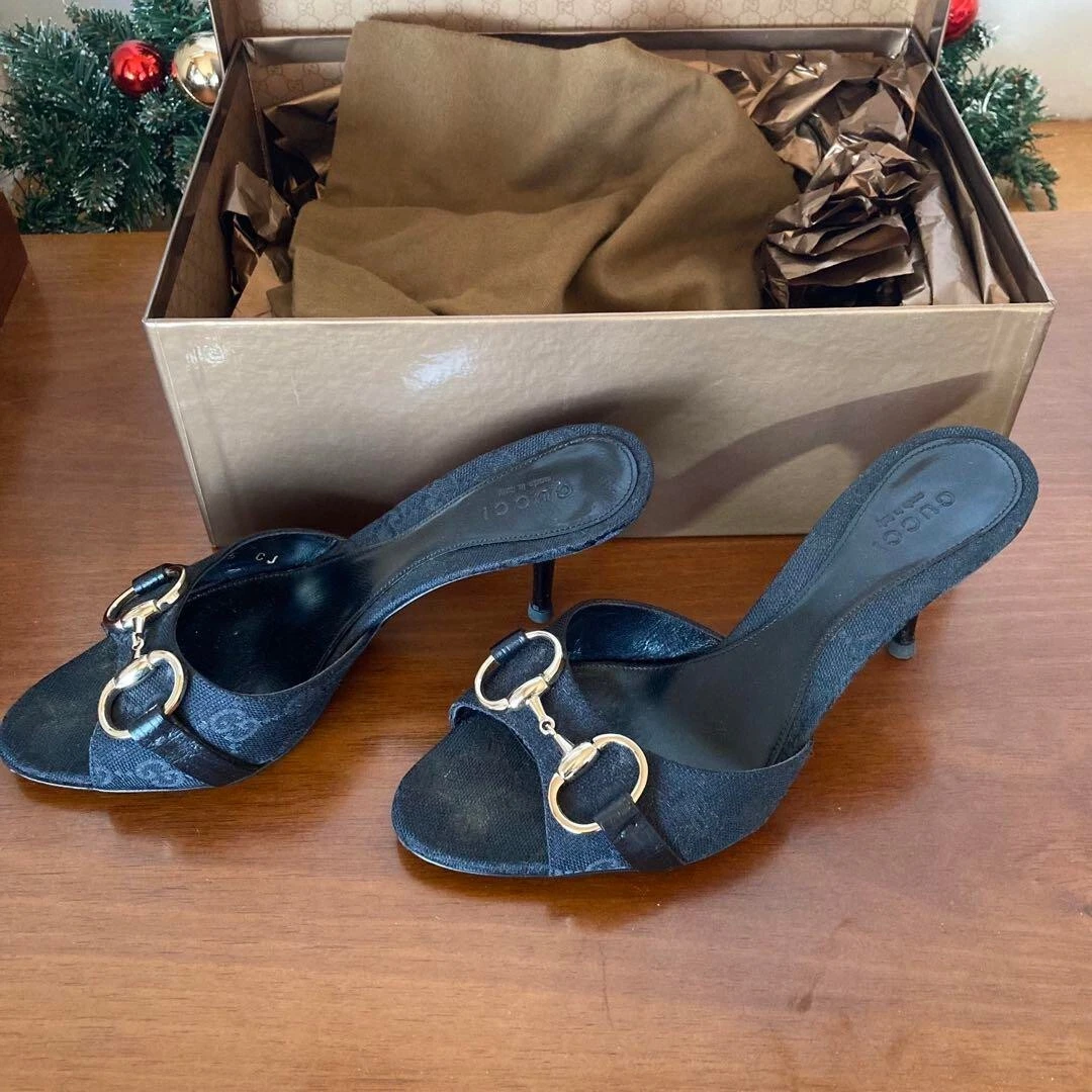 Sandales à talons GUCCI Horsebit GG logo mules escarpins chaussures femmes taille EU 35 noir