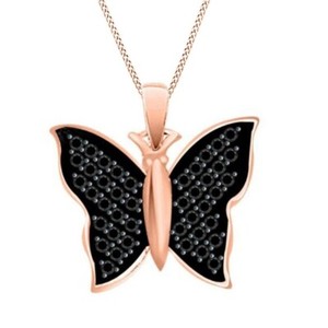 Authentic 2 Ct Round Cut Simulated Black Diamond Butterfly Pendant 14K Rose Gold Plated