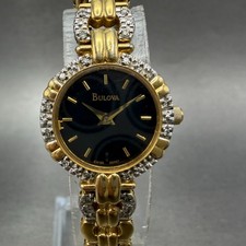 Bulova Watch Women 21mm Black Dial Gold Tone Round 98R07 New Battery Diamond