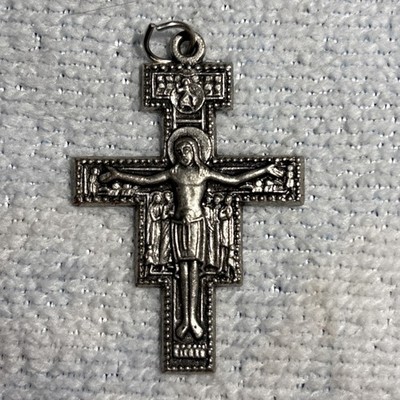 Vintage  SAN DAMIANI Crucifix Cross Pendant, ITALY St Francis of Assisi 2in