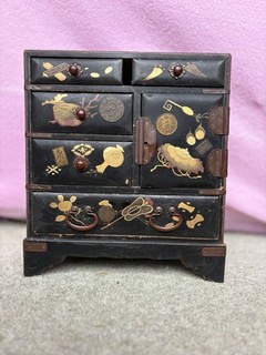 Japanese Black Lacquered Wooden Cabinet Box with Drawers Floral Decoration