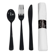 100 Black Disposable Flatware Set Fork Knife Spoon With Napkin Kit