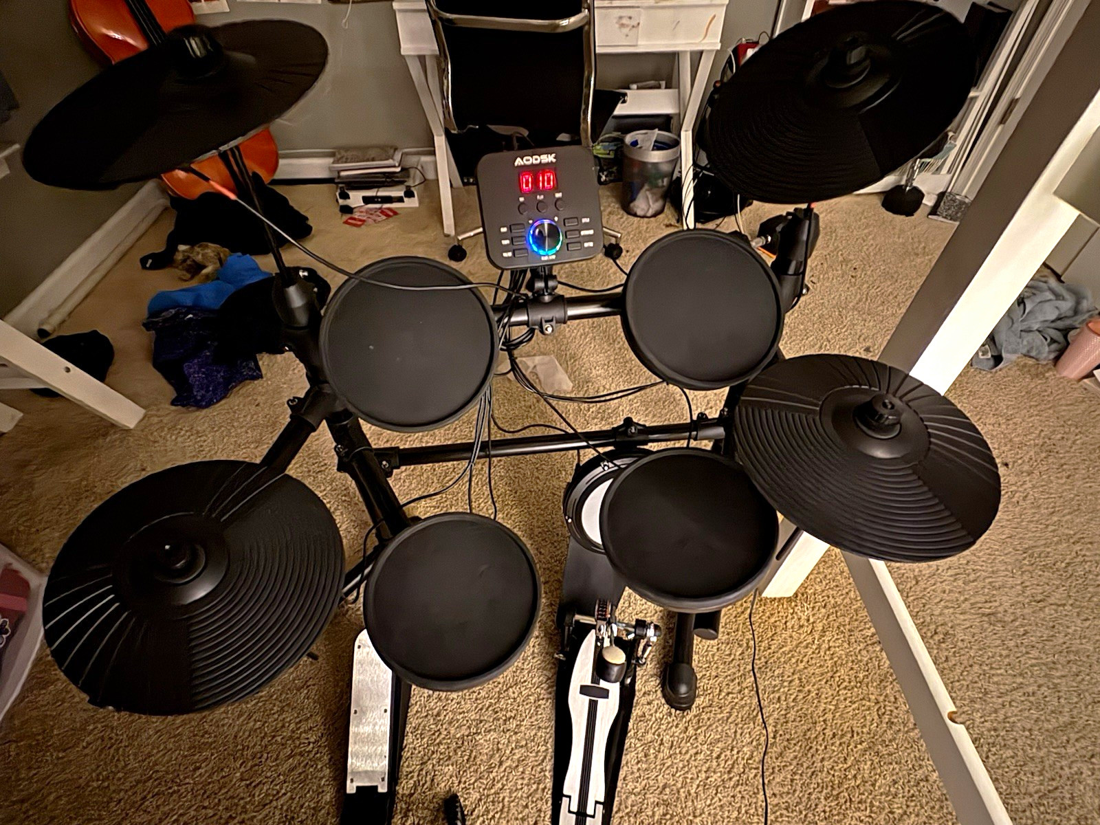 AODSK AED-400 PRO Electronic Drum Kit Full Set 4-Pad w/ Module, Pedals, Throne