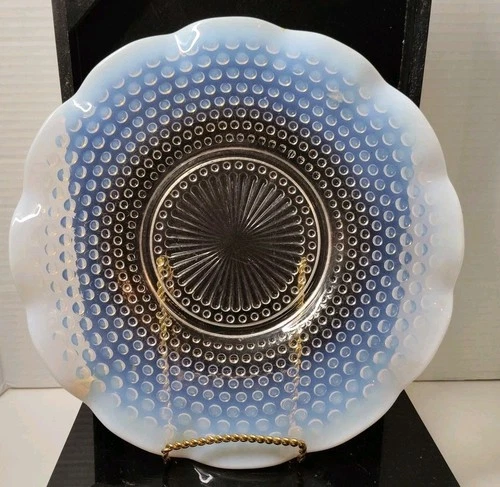 Vintage Anchor Hocking Moonstone Opalescent Hobnail Ruffled Edge Serving Plate.