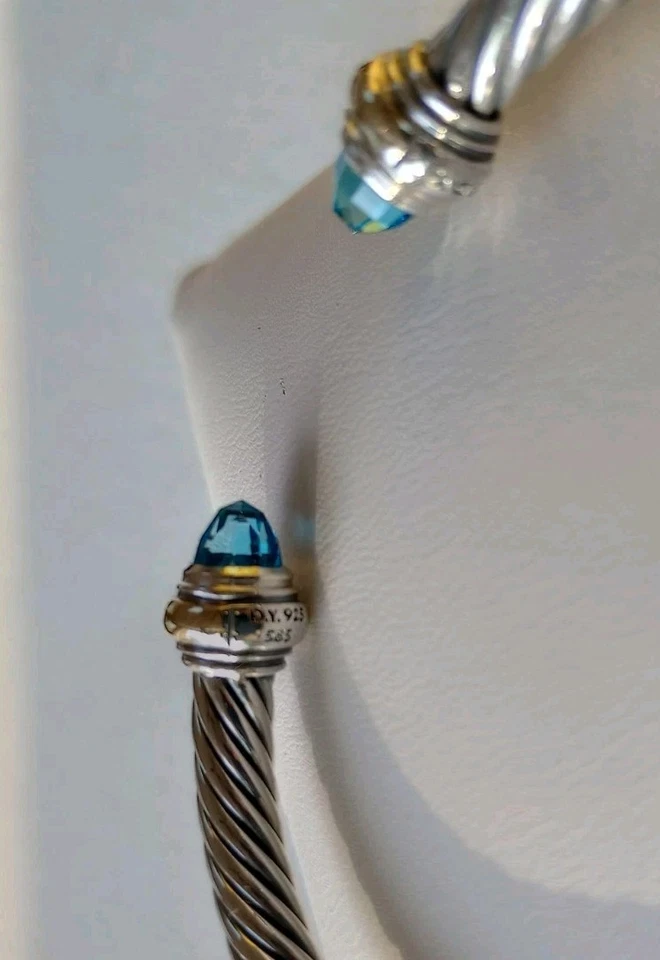 Brazalete Clásico David Yurman Cable Topacio Azul y Oro 14K 5mm MED Usado Foto 3 de 4