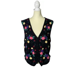 Vintage 80s Sostanza Ramie Cotton Floral Embroidered Knit Vest Womens Size Large