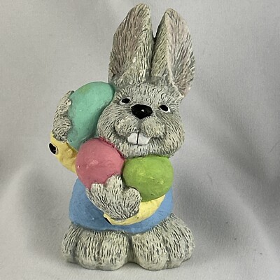 Rabbit Figurine Easter Bunny With Colored Eggs Hand painted Ceramic 1990 4 