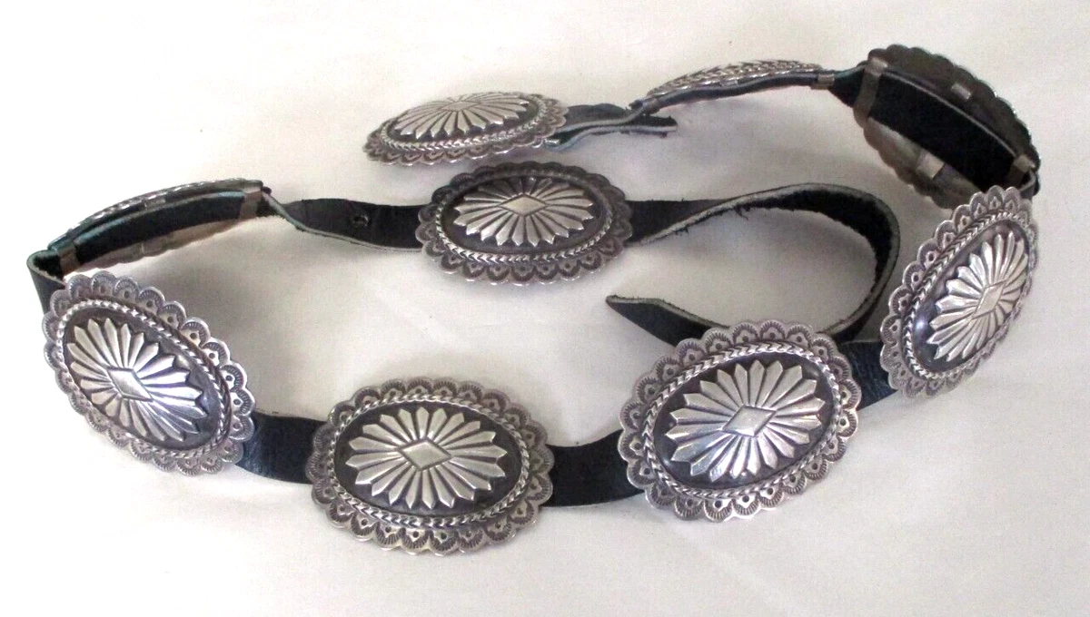 Navajo Sterling Conchos on Leather Belt Signed RJ 35-38