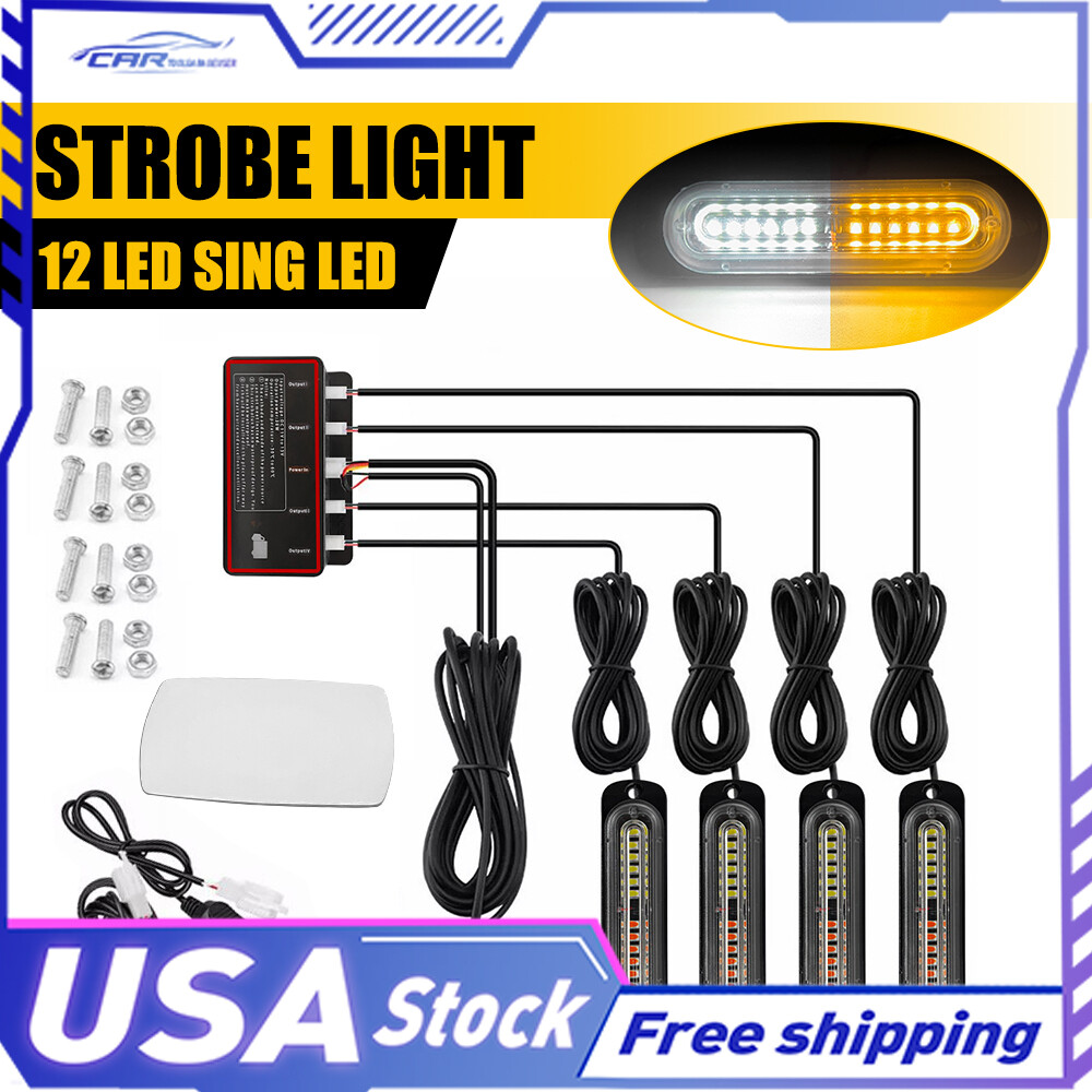 4pcs Amber/White LED Marker Side Flash Emergency Strobe Light Bar Kit Tow Truck