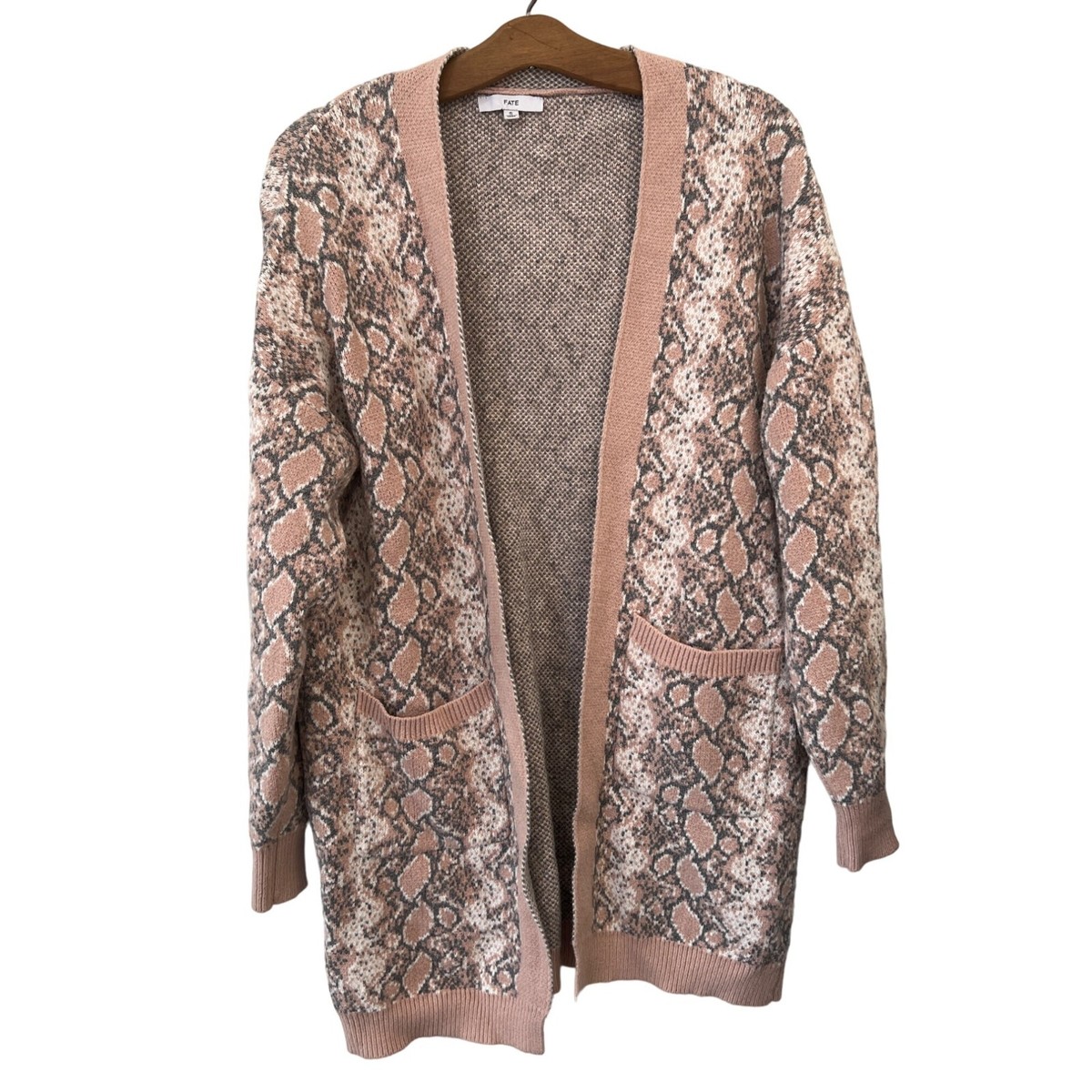 Fate Open Front Cardigan Sweater Women S Pink Animal Print Cozy Knit Fall  Winter