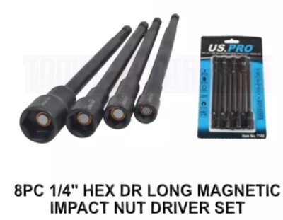 US PRO Tools 8 Stck. 1/4 Zoll Sechskant DR lang magnetisch Schlagschrauber-Set metrisch 7166
