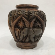 Beautiful Hand Carved Wood Elephants Vase 5.5  x 6  Tall