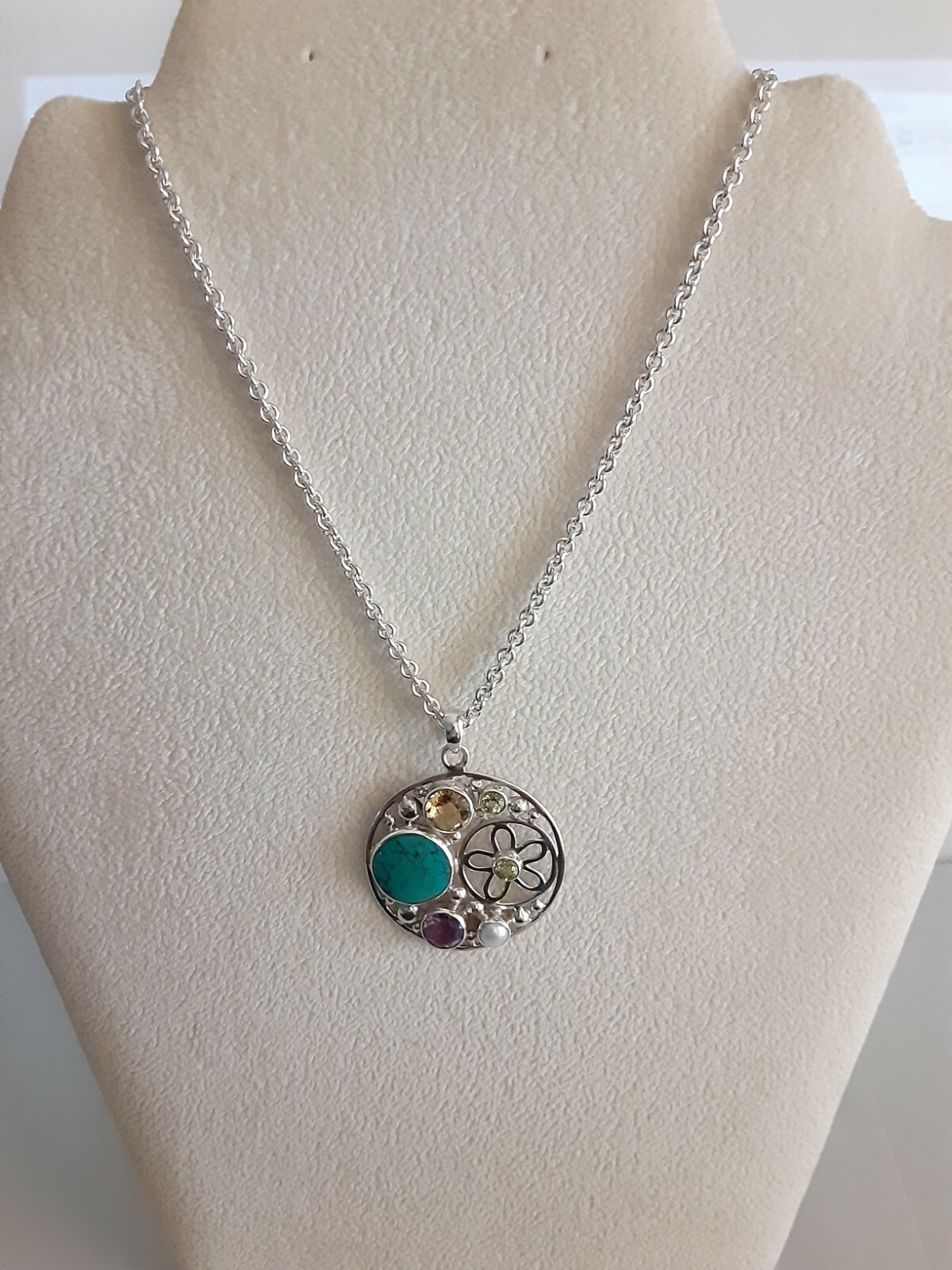 Sterling Silver Multi-gemstone Pendant/ Chain, 17… - image 2