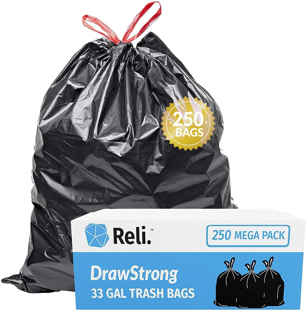 30 Gallon Trash Bags Drawstring, 250 Count Bulk, Black, 33 Gallon Garbage  Bag