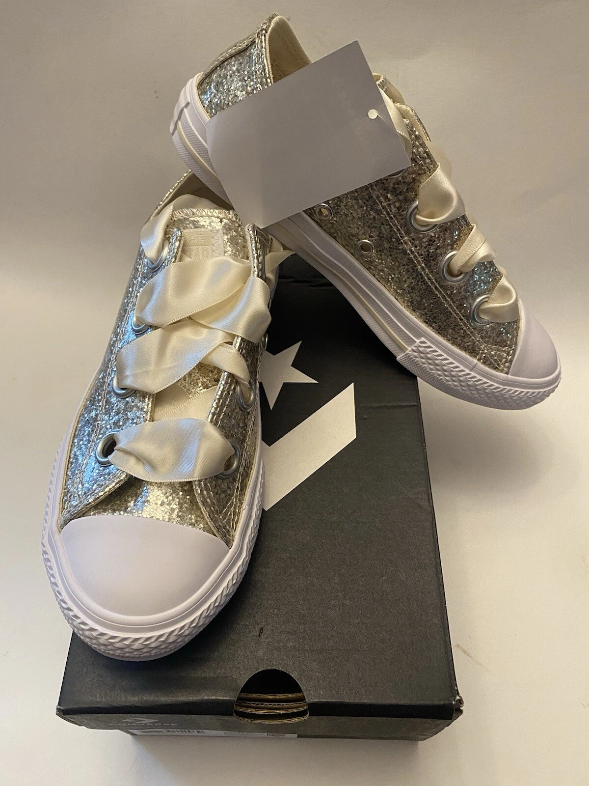 Scarpe da skate basse Converse bambina taglia 3 oro nastro metallizzato sneakers matrimonio