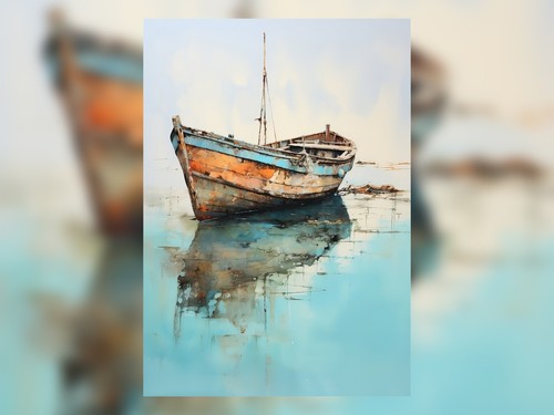 Nostalgic Tranquility: Old Boat on the Sea Oil Painting Print 5"x7" - Picture 2 of 6