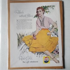 1956 Pepsi Cola Yellow Skirt Red Hair Magazine Ad Refresh Without Filling