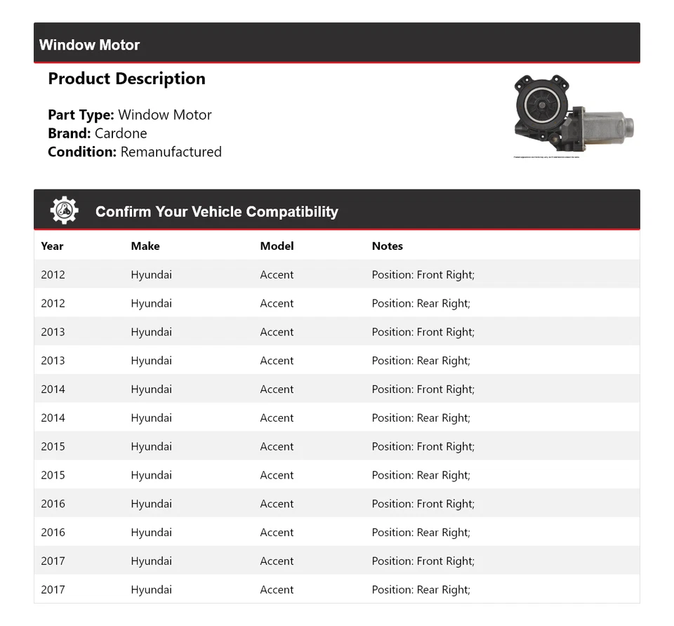 Para 2012-2017 Hyundai Accent Window Motor Cardone 2013 2014 2015 2016 - Imagem 2 de 4