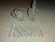 Vintage Crystal Glass Cream Creamer Lidded Sugar and Underplate Mid Century