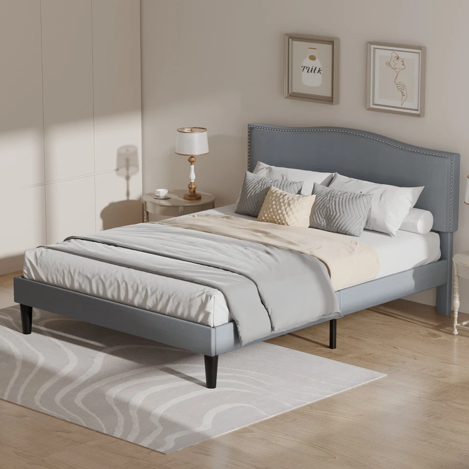 Marco de cama tapizado doble/completo/queen con cabecero ajustable soporte de listones de madera Foto 2 de 4