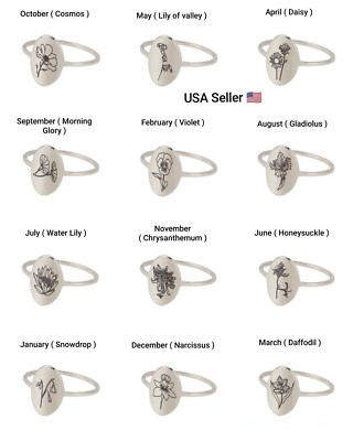 12 Months Birth Flower Ring Oval Signet Rings Women Stainless Steel Daisy Violet