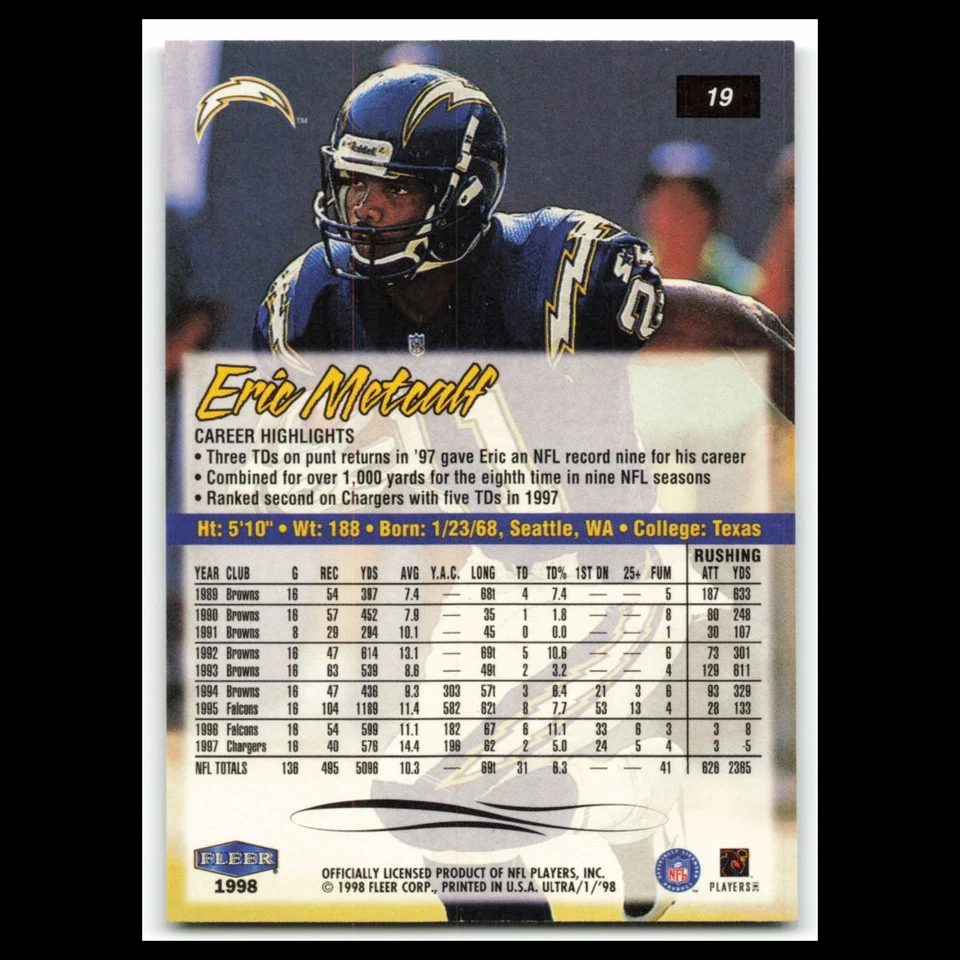 Eric Metcalf #19 1998 Fleer Ultra San Diego Chargers Football Card NFL NM - Image 2 of 3