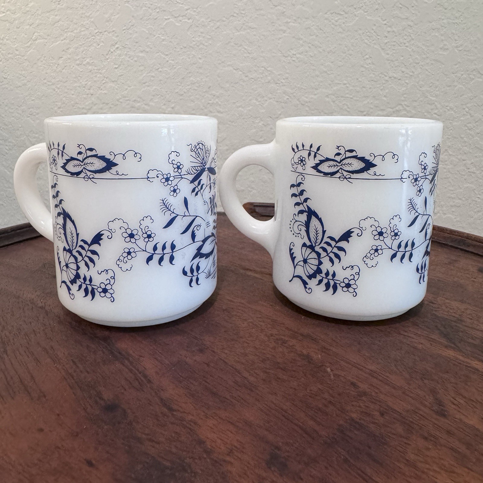 RARE!! Set of 2 Blue Floral White Milk Glass Coffee Mugs/Cups Mid-Century