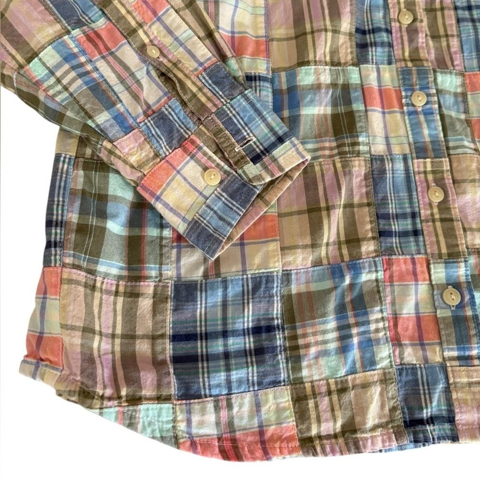 LL Bean Button Front Top Plaid Patchwork Long Sle… - image 7