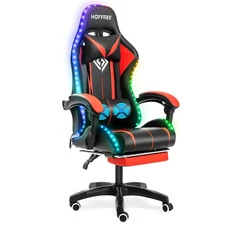 Hoffree Reclining Ergonomic PC & Racing Game Chair with LED Lights & Massage Lum