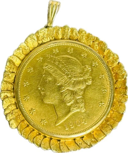 1904 US Double Eagle Liberty Gold Coin $20 Dollars Alaska Nuggets Pendant 14K