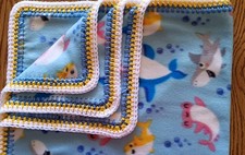 Fleece Baby Blanket Crochet Border Smiling Sharks 30 x 36