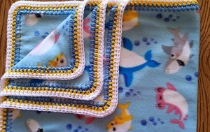 Fleece Baby Blanket Crochet Border Smiling Sharks 30 x 36