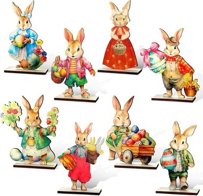 8 Pcs Easter Bunny Wooden Signs Table Decorations Vintage Rabbit Tabletop Center