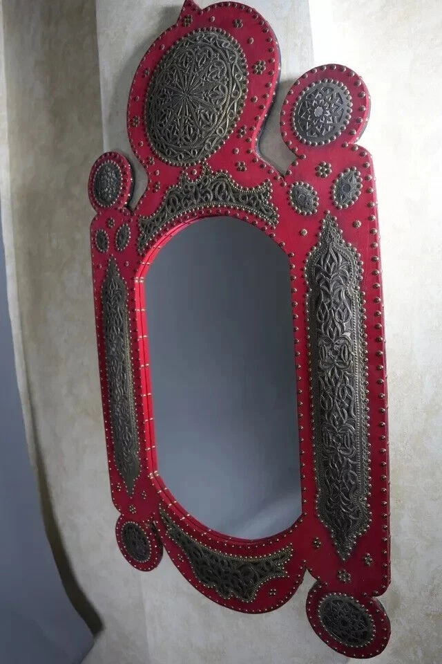 Handcrafted Islamic Boho-Style Wall Mirror – Red Velvet & Embossed Silver Inlays - Image 3 of 4