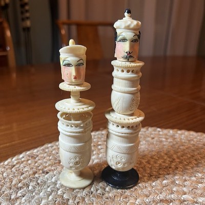 Vintage Hand Carved Figural Chess Pieces King & Queen Bone Asian Export 5 