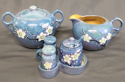 Blue Lusterware Cherry Blossom Sugar, Creamer, Salt & Pepper, Condiment - Japan