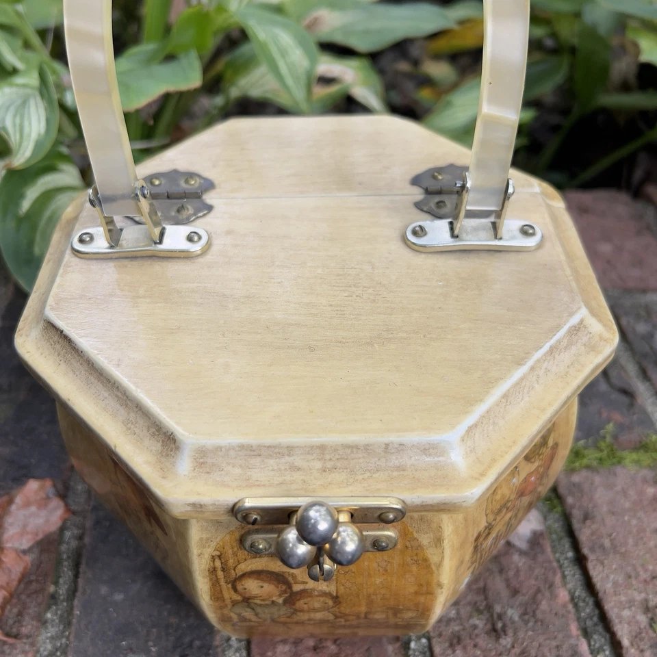 Vtg 70’s Decoupage Wooden Box Purse Lucite Handle Prairie Children Art Weathered - Image 3 of 4